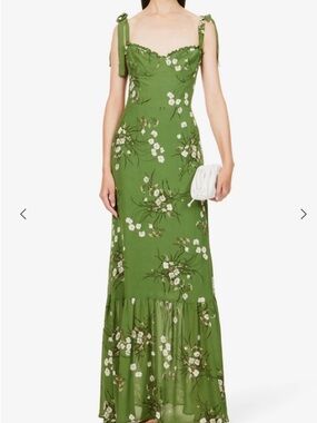 Reformation Olive Green Floral Tie-Shoulder Maxi Dress